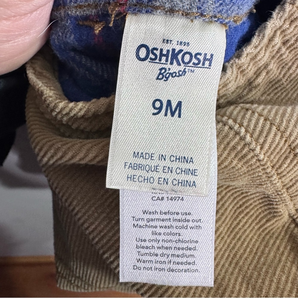 OshKosh B’gosh Corduroy Overalls 9M Brown Plaid Flannel Lined Baby Fall - Picture 4 of 5